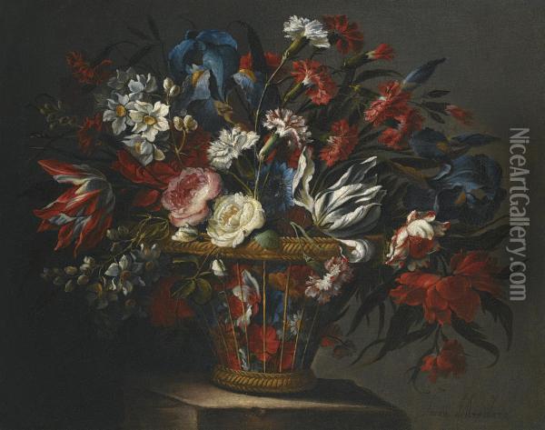 Still Life With Flowers, Including Roses, Narcissi, Peonies, Blueirises And Variegated Tulips, In A Wicker Basket Set Upon A Stoneplinth Oil Painting - Juan De Arellano
