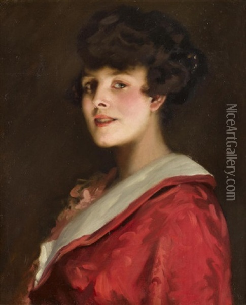 A Portrait Of A Lady In Red Dress Oil Painting - Robert Sauber
