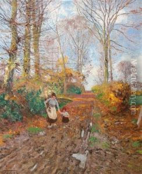 A Woman And A Child In The Forest Oil Painting - Wilhelm Fritzel