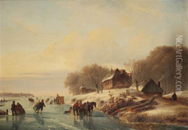 Skating In A Winter Landscape At Dusk Oil Painting - Nicolaas Johannes Roosenboom