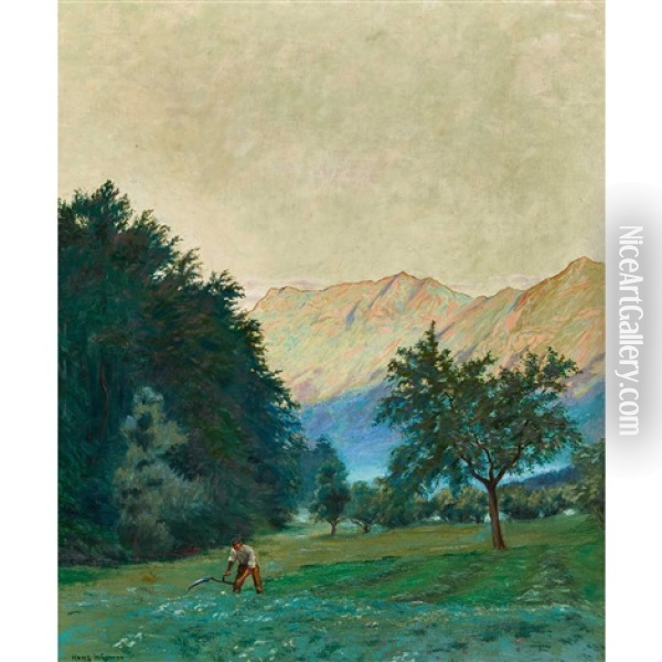 Berglandschaft Mit Bauer Beim Mahen Oil Painting - Hans Widmer