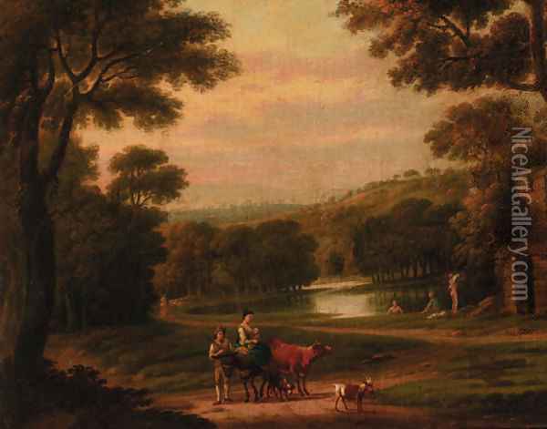 Figures resting by a pond with bathers beyond Oil Painting - Julius Caesar Ibbetson