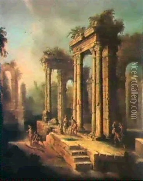 An Architectural Capriccio Of Classical Ruins With Soldiers Oil Painting - Viviano Codazzi