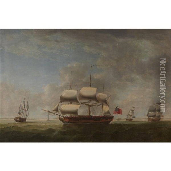 Ships Forming Up Into A Convoy Off The Eddystone Lighthouse, Cornwall, England, Probably Ahead Of A North-atlantic Crossing During The American War Of Independence Oil Painting - Robert Dodd