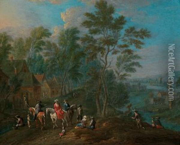 Paesaggio Fluviale Con Eleganti Cavalieri Dinanzi A Una Masseria Oil Painting - Maximilian Blommaerdt