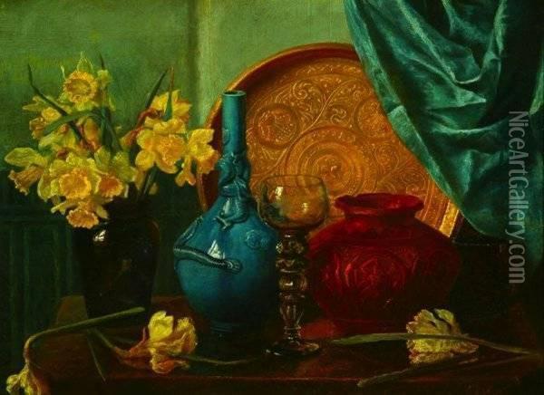 Still Life With Daffodils And Pottery Oil Painting - Augusto Burchi