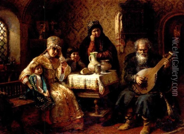 Russian Interior With A Bandura Player Oil Painting - Konstantin Egorovich Makovsky