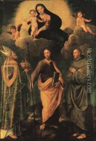 The Madonna And Child Appearing 
To Saint Petronius Of Bologna, Theapostle Saint James The Greater, And 
Saint Francis Of Assisi Oil Painting - Biagio Pupini