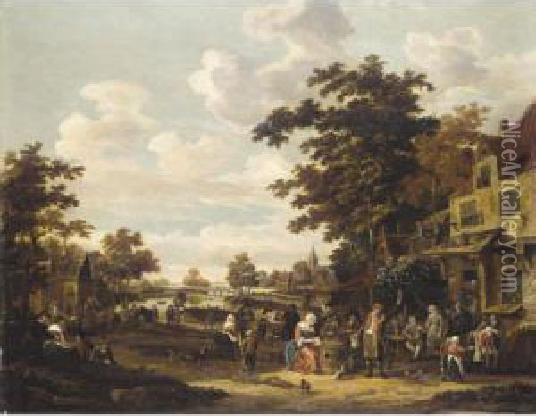 A Village Landscape With Revellers Outside An Inn Oil Painting - Rutger Verburgh
