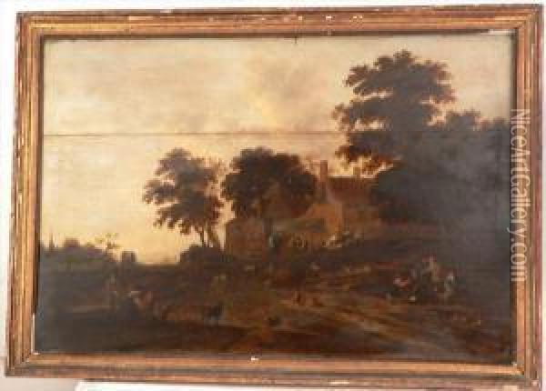A Riverside Landscape With Homestead, Figures And Animals. Oil Painting - Willem Schellinks