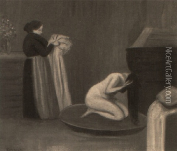 Femme Au Tub Et Sa Servante Oil Painting - Jean-Louis Forain