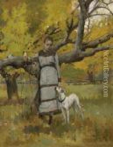 Young Girl With Dog Oil Painting - Theodore Robinson