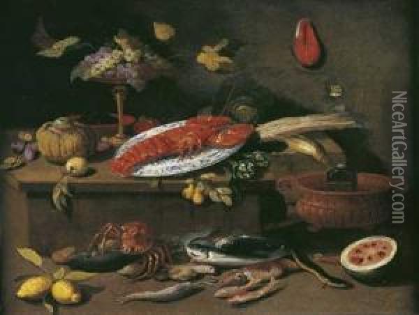 Nature Morte Aux Plat De Homard, Coupe De Raisins Et Oil Painting - Jan van Kessel