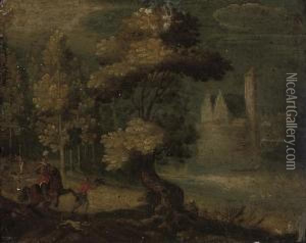 A Wooded River Landscape With A Hawking Party On A Track, A Castlebeyond Oil Painting - Christoffel van den Berghe