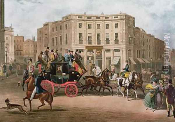 The Age Brighton Coach at the Bull and Mouth Regent Circus Piccadilly Oil Painting - E. F. Lambert