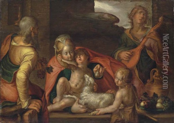 The Holy Family With The Infant Saint John The Baptist And An Angel Oil Painting - Joachim Anthonisz Wtewael