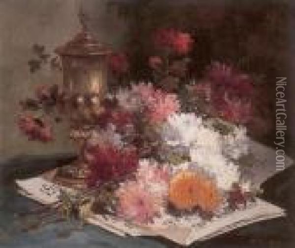 Still Life Of Flowers And Sheet Music Oil Painting - Eugene Henri Cauchois