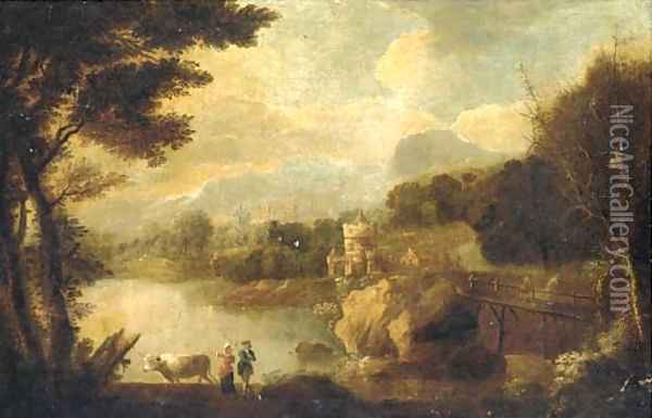 An Italianate landscape with figures and cattle by a river, a castle beyond Oil Painting - Johann Christian Vollerdt or Vollaert