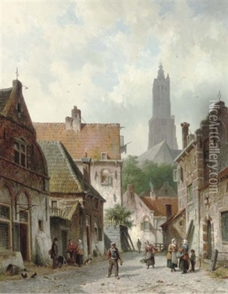 A Capriccio View Of A Busy Street In Amersfoort Oil Painting - Adrianus Eversen