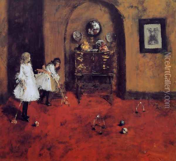 Children Playing Parlor Croquet (sketch) Oil Painting - William Merritt Chase