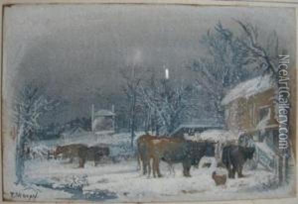 Cattle In Wintry Farmyard Oil Painting - Edward Percy Moran
