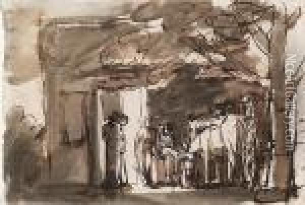 Travellers And Horses Outside An Inn At Night Oil Painting - George Romney