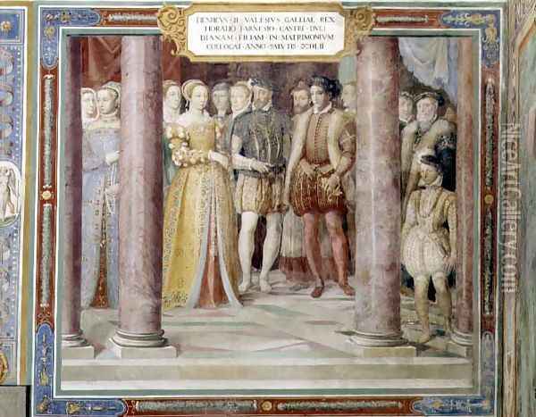 The Marriage of Orazio Farnese and Diana, daughter of Henri II of France (1519-59) from the Sala dei Fasti Farnese (Hall of the Splendours of the Farnese) 1557-66 Oil Painting - Taddeo Zuccaro