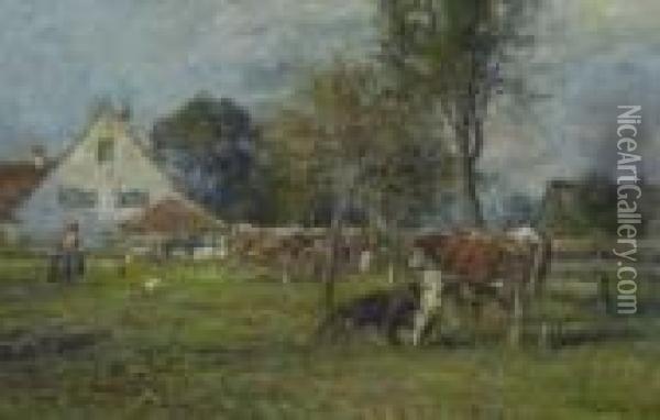 Kuhe Auf Der Weide Vor Dem
 Dorf. Oil Painting - Karl Stuhlmuller