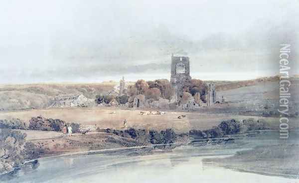 Kirkstall Abbey, Yorkshire, from the Bridge; Morning Oil Painting - Thomas Girtin