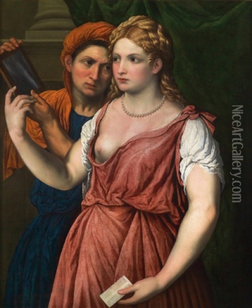 Eine Junge Dame Mit Spiegel Und Dienerin Oil Painting - Paris Bordone