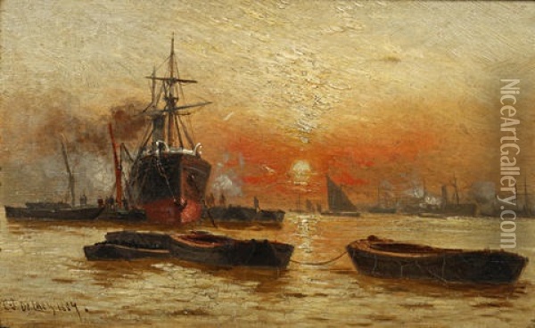 Sunset, River Thames (+ Untitled (view Of Victoria Docks; Pair) Oil Painting - Charles John de Lacy