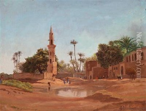 Scene From A North African Village With A Minaret Oil Painting - Andreas Christian Riis Carstensen