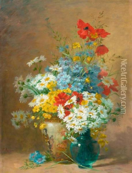 Zwei Blumenstrausse In Glas- Und Keramikvase. Oil Painting - Jules Rozier
