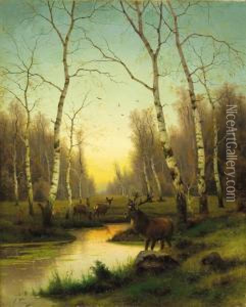 Elk In The Forest At Dawn Oil Painting - Efim Tikhmenev