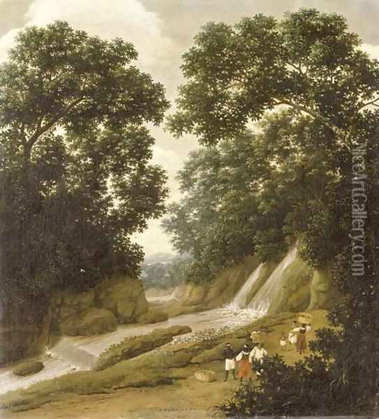 A forest with natives carrying baskets on a path by a waterfall Oil Painting - Frans Jansz. Post