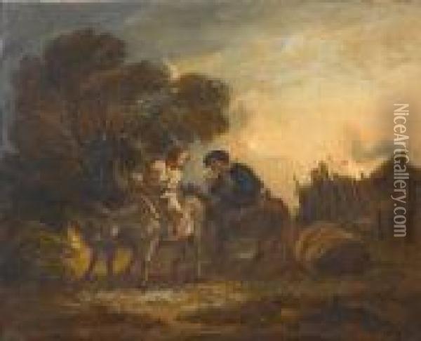 Travellers On Donkeys On A 
Country Path; A Shepherd And Shepherdess In A Landscape With Horses 
Beyond Oil Painting - Benjamin Barker Of Bath