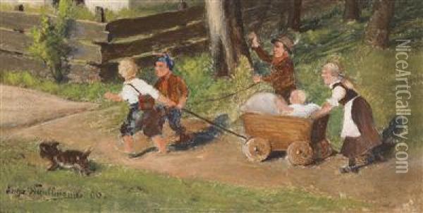 Children With Cart Oil Painting - Hugo Kauffmann