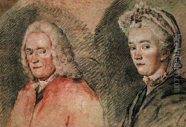 Voltaire (Francois Marie Arouet de Voltaire 1694-1778) and Madame Denis (Marie-Louise Mignot Denis 1712-90), c.1758-70 Oil Painting - Charles-Nicolas II Cochin