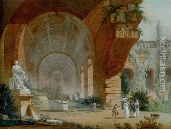 Roman Ruins With Tourists Guided By A Cicerone, The Ludovisi Mars In The Foreground Oil Painting - Pierre Francois Leonard Fontaine