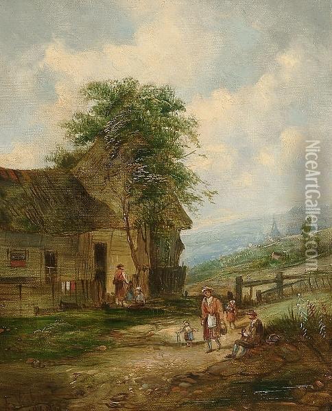 Figures Near A Country Cottage Oil Painting - A.H. Vickers