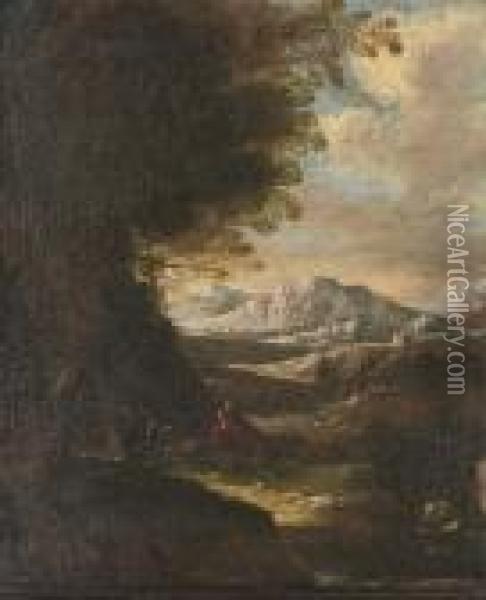 A Shepherd And His Goats In An Extensive Wooded Landscape With Mountains Beyond Oil Painting - Salvator Rosa