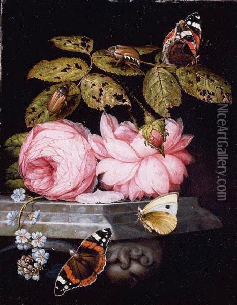 A Still Life With Sprigs Of Guelder-rose And Forget-me-not Resting On A Sculpted Marble Ledge, And Red Admiral Butterflies And A Cabbage White, And Large Bugs Oil Painting - Ottmar The Elder Elliger