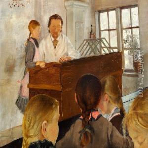 A Lesson Inthe Village School Oil Painting - L.A. Ring