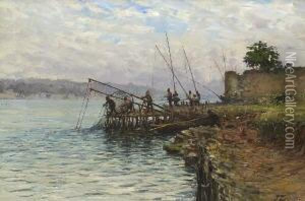 Orientalische Angler Am
 Fluss. Oil Painting - Fausto Zonaro