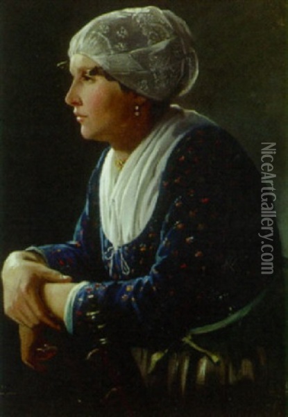 Portraet Af Siddende Kvinde Med Klaede Omkrig Haret Oil Painting - Bernhard Middelboe