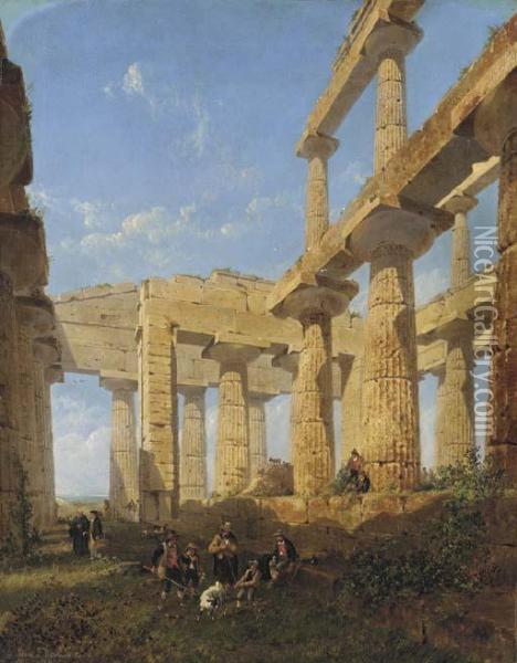 Travelers Resting At The Great Temple At Paestum Oil Painting - Edwin Long Meadows