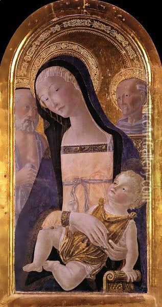 Madonna and Child between St Jerome and St Bernardino of Siena Oil Painting - Neroccio (Bartolommeo) De' Landi