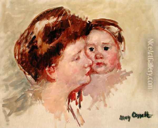Mother in Profile with Baby Cheek to Cheek (No.2), c.1909 Oil Painting - Mary Cassatt