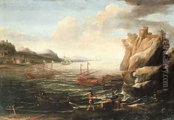 A Mediterranean coastal landscape with fishermen mooring their boats in the foreground and Levantine galleys beyond Oil Painting - Laureys A Castro