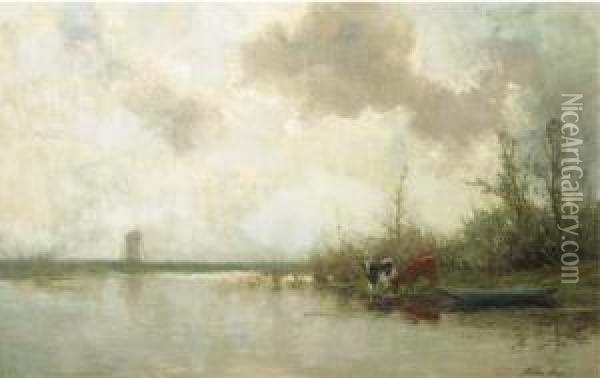Cows On A Riverbank Oil Painting - Willem Maris
